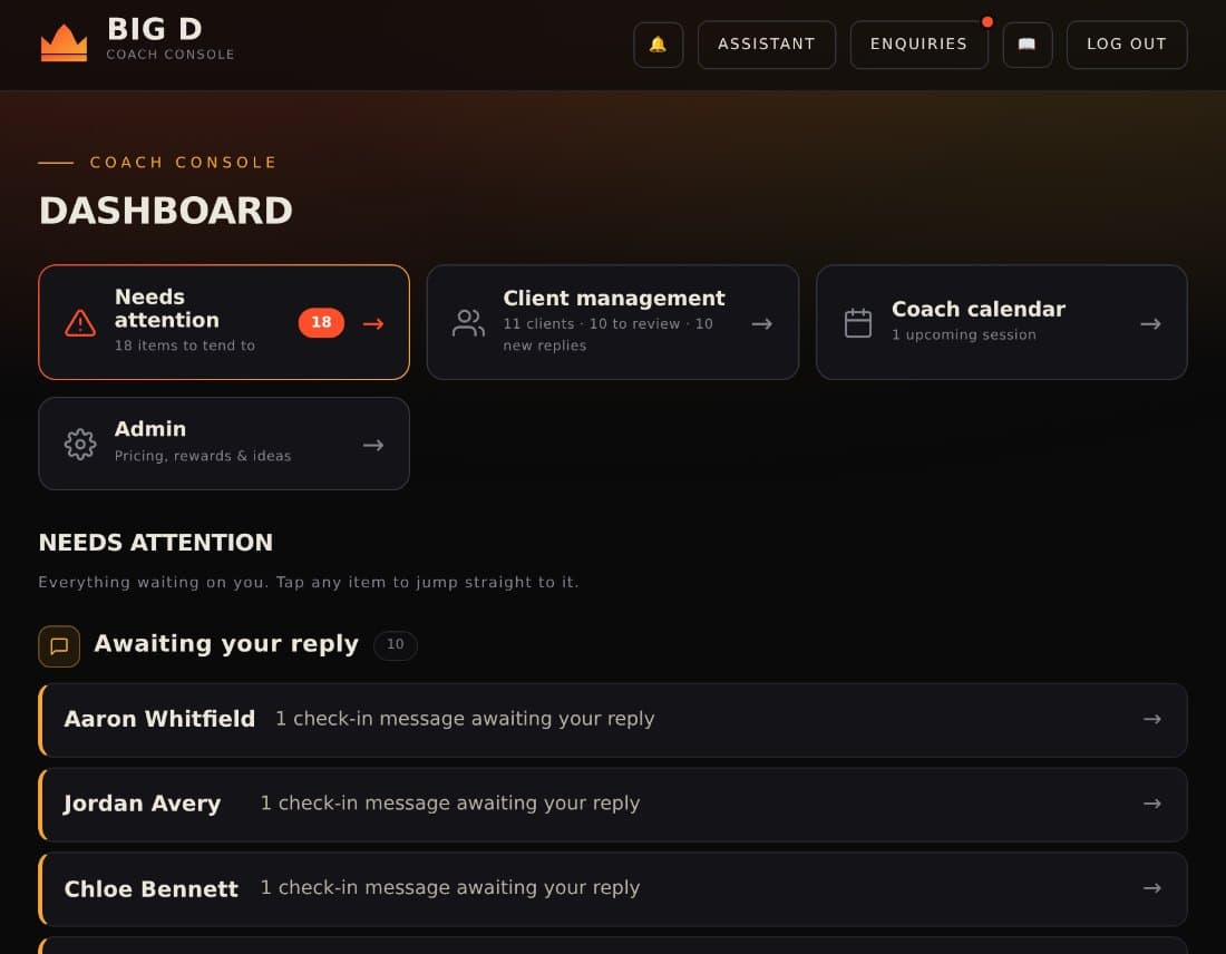 Coach console dashboard with a needs attention queue of client check-ins awaiting reply